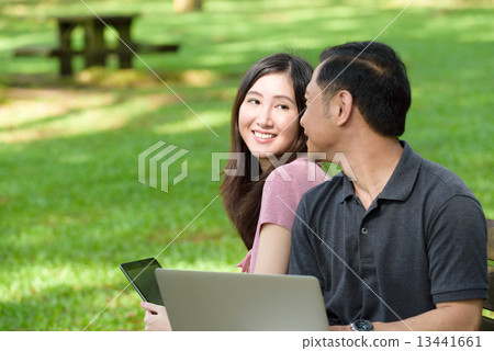 1 chinese couple using laptop and iPad in a park 13441661