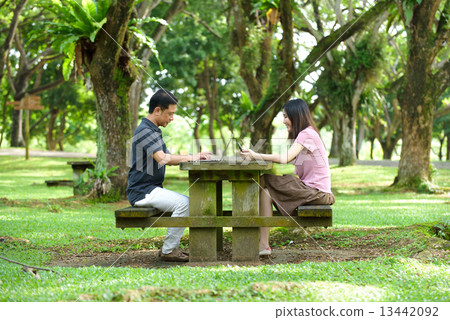 1 chinese couple seated on a wooden bench using laptop and iPad in a park 13442092