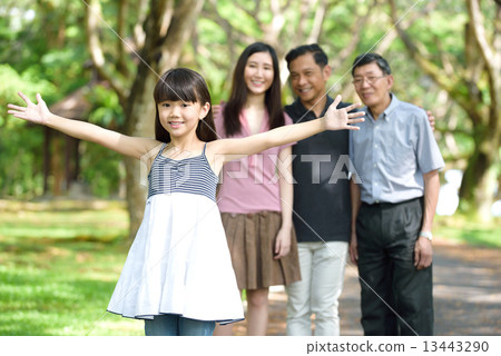 Granddaughter of a 3 generation chinese family in a park 13443290
