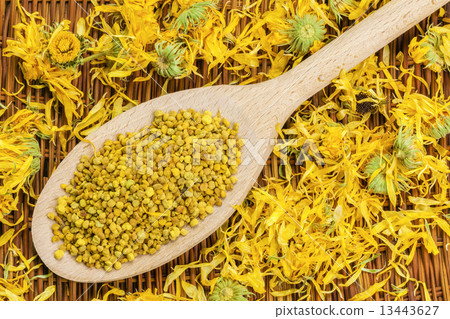 Bee pollen grains with dry yellow calendula  13443627
