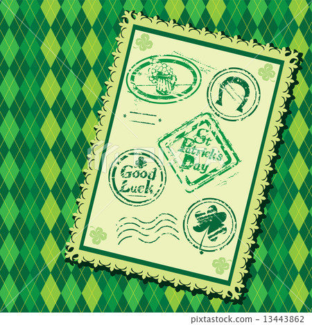 Set of Green grunge rubber stamps with Beer mug, shamrock,  hors 13443862