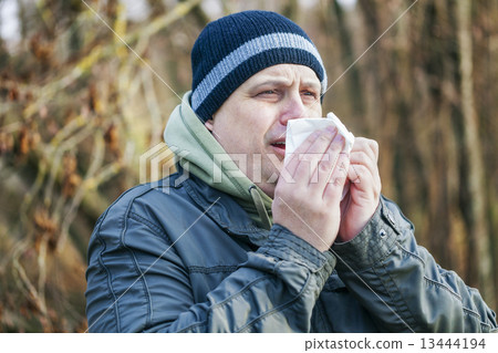 Man with napkin going to sneeze  13444194