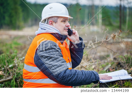 Forest engineer with cell phone and documents in the forest  13444199