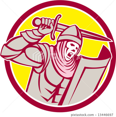 Crusader Knight With Sword and Shield Circle Retro 13446697