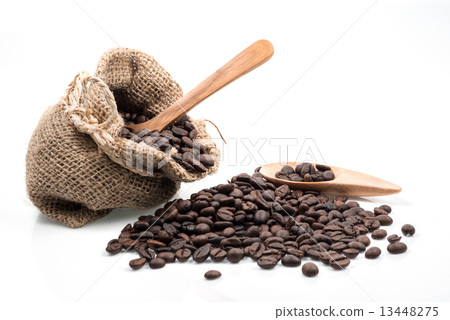 coffee beans in bag isolated on white background 13448275