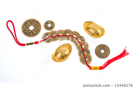 Chinese New Year ornament, gold coins and ingots on white backgr Chinese New Year ornament, gold coins and ingots on white backgr 13448276