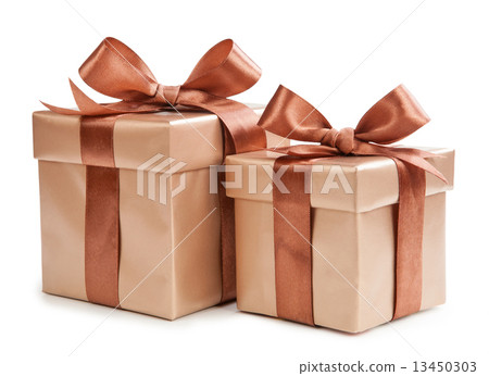 Gold box with gifts and brown bow 13450303