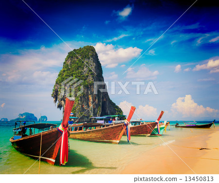 Long tail boat on beach, Thailand Long tail boat on beach, Thailand 13450813