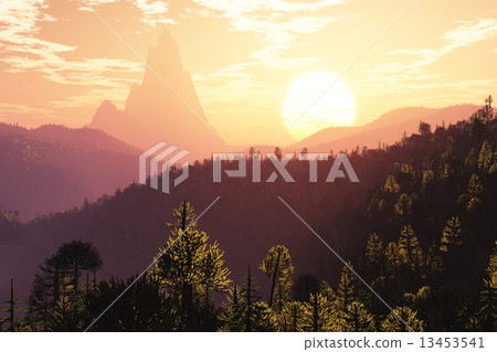 Prehistoric Jungle in the Sunset Sunrise 3D artwork Prehistoric Jungle in the Sunset Sunrise 3D artwork 13453541