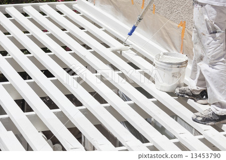 Painter Rolling White Paint Onto Top of Patio Cover 13453790