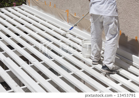 Painter Rolling White Paint Onto Top of Patio Cover Painter Rolling White Paint Onto Top of Patio Cover 13453791