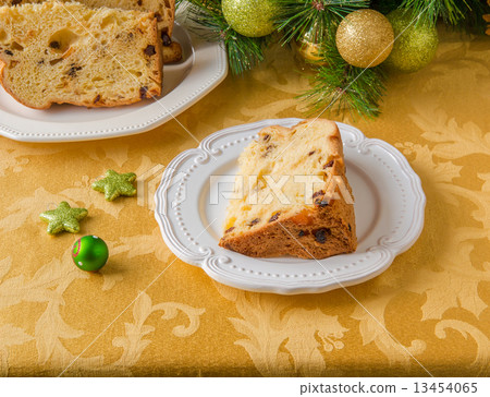 Christmas cake panettone and Christmas decorations. Christmas cake panettone and Christmas decorations. 13454065