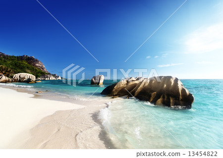 sunset on the beach, Anse Source d'Argent, La Digue island, Seyc 13454822