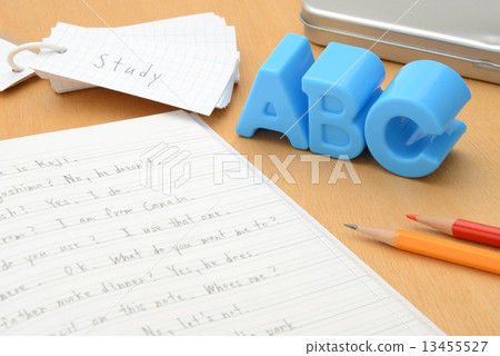 English notes and alphabet toys on the desk 13455527