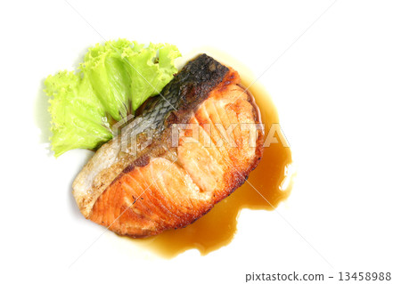 grilled salmon with teriyaki sauce isolated in white background grilled salmon with teriyaki sauce isolated in white background 13458988
