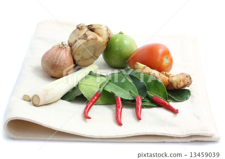 Thai food ingredient for Tom yum kung isolated in white backgrou 13459039