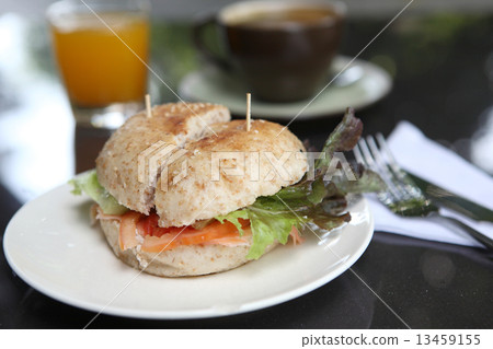 fresh bagel with salmon orange juice and coffee fresh bagel with salmon orange juice and coffee 13459155
