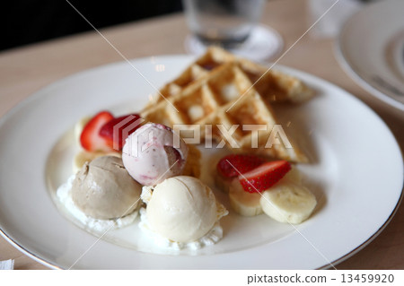 Waffles with ice cream and fruits Waffles with ice cream and fruits 13459920