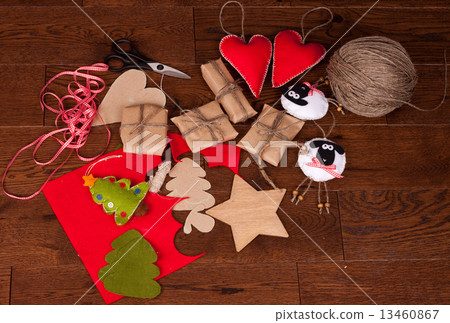 Christmas gift and decor on wooden background Christmas gift and decor on wooden background 13460867