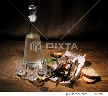 Three glass for vodka with dried capelin and bread 13462950