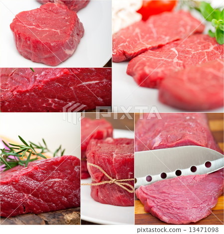 different raw beef cuts collage 13471098