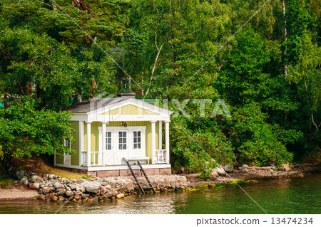 Yellow Finnish Wooden Bath Sauna Log Cabin On Island In Summer 13474234
