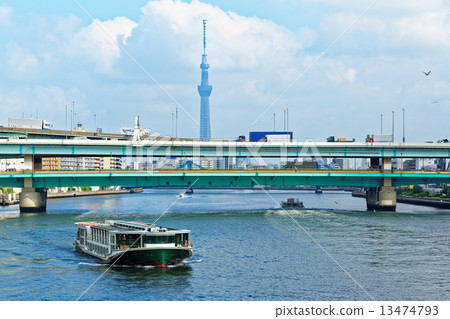 Pleasure boat sailing along the Sumida river and irrigation and Tokyo sky tree Pleasure boat sailing along the Sumida river and irrigation and Tokyo sky tree 13474793