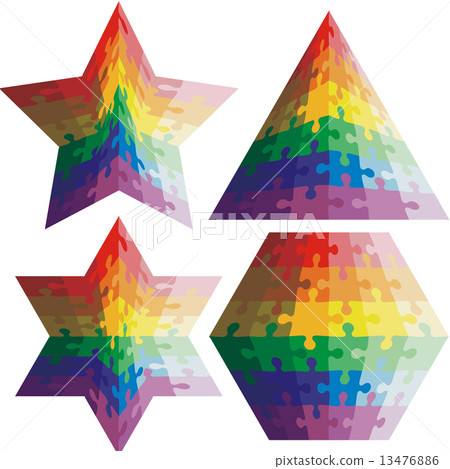 Jigsaw puzzle set  geometric shapes, colors rainbow. Vector illu 13476886