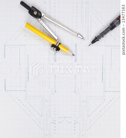 compass and writing pen on architect plan compass and writing pen on architect plan 13477163