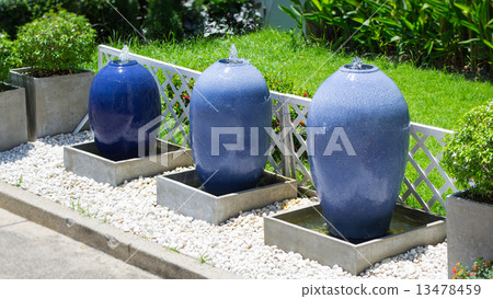 Blue Three Vase Fountain In Mini Garden Blue Three Vase Fountain In Mini Garden 13478459