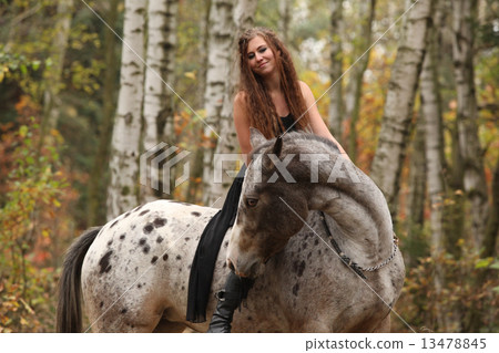 Young girl with appaloosa horse in autumn Young girl with appaloosa horse in autumn 13478845