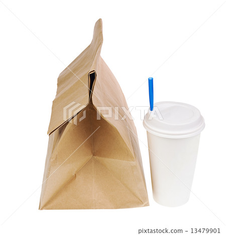 Recycle paper bag and cup of coffee or tea isolated on white bac 13479901