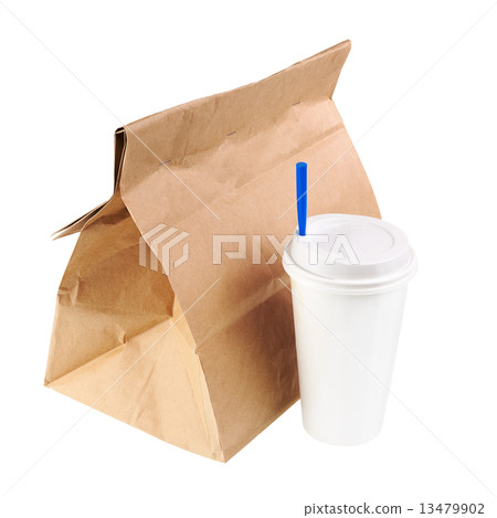 Recycle paper bag and cup of coffee or tea isolated on white bac 13479902