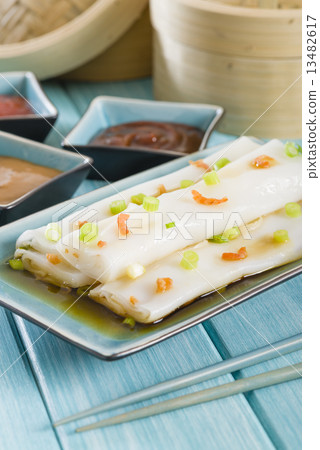 Cheong Fun - Chinese steamed rice rolls with shrimp & scallions Cheong Fun - Chinese steamed rice rolls with shrimp & scallions 13482617