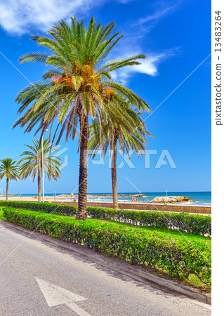 Seafront, beach,coast in Spain. Suburb of Barcelona, Catalonia 13483264