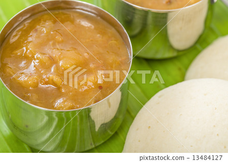 Idli, Chutney and Sambar - Indian steamed rice cakes and sides Idli, Chutney and Sambar - Indian steamed rice cakes and sides 13484127