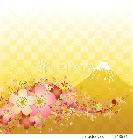Cherry blossoms, Mt. Fuji and golden checkered pattern 13486844