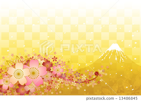 Cherry blossoms, Mt. Fuji and golden checkered pattern 13486845