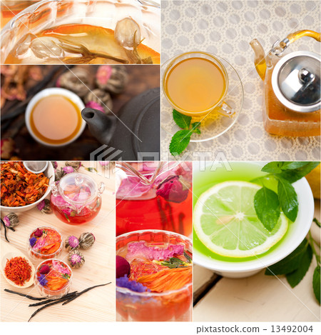 collection of different herbal tea infusion collage 13492004