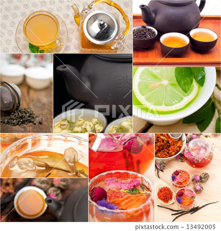 collection of different herbal tea infusion collage 13492005