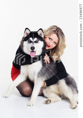 Young girl with her husky dog isolated on white Young girl with her husky dog isolated on white 13496977