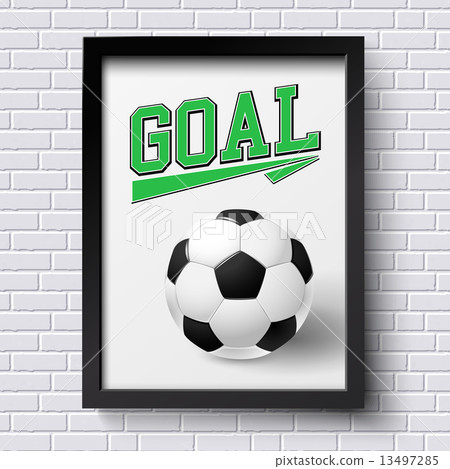 Abstract soccer poster. Image frame on white brick wall with foo Abstract soccer poster. Image frame on white brick wall with foo 13497285