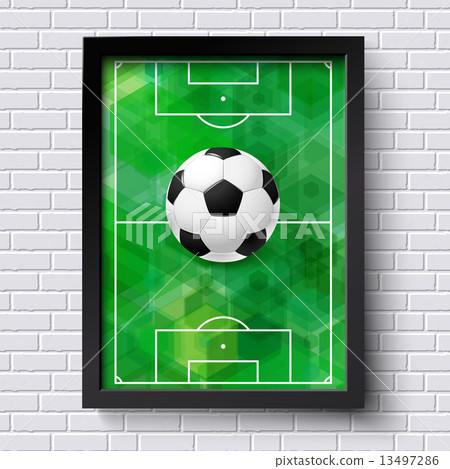 Abstract soccer poster. Image frame on white brick wall with foo Abstract soccer poster. Image frame on white brick wall with foo 13497286