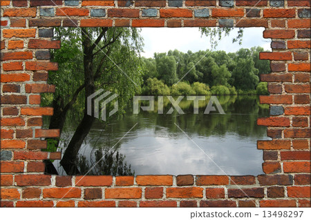broken brick wall with view to the summer river broken brick wall with view to the summer river 13498297