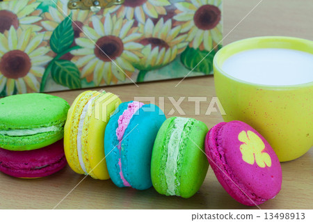 Colorful macarons set on table, traditional french colorful macarons ,Sweet macarons. 13498913