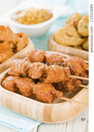 Crispy prawns, Penang chicken & Satay with peanut sauce Crispy prawns, Penang chicken & Satay with peanut sauce 13501689