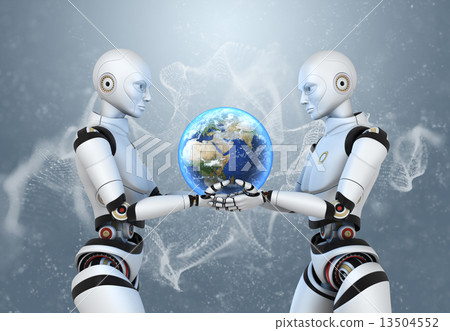 Two cyborgs holding the Earth in their hands Two cyborgs holding the Earth in their hands 13504552