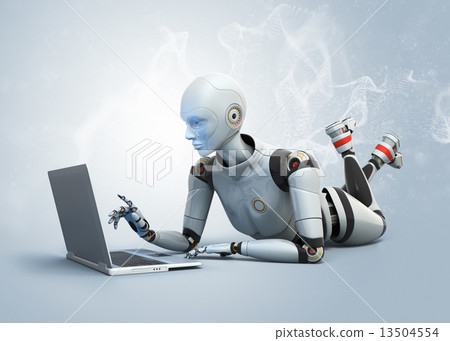 Robot lying on floor and using laptop Robot lying on floor and using laptop 13504554