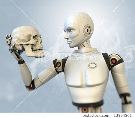 Cyborg with human skull in his hand 13504561