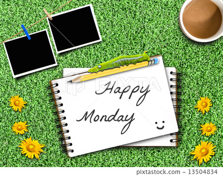 Happy Monday note on Artificial Grass Field Landscape View Happy Monday note on Artificial Grass Field Landscape View 13504834